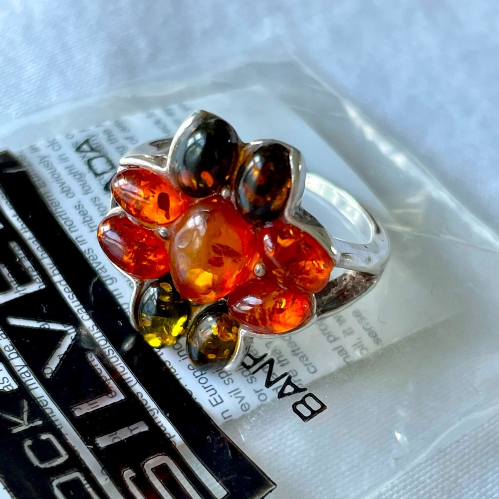Amber Ring Size 10 with Sterling Silver Band